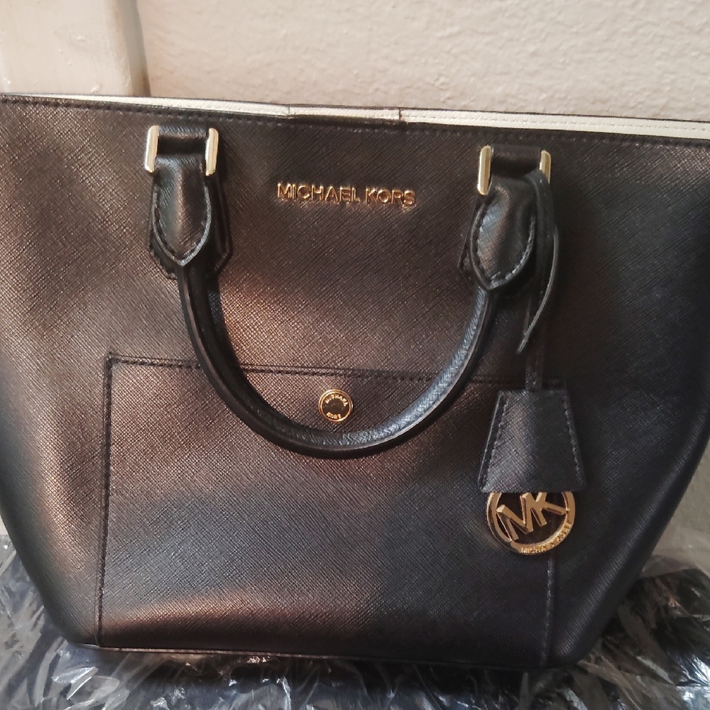Michael Kors Black Saffiano Leather Tote with Gold Accents